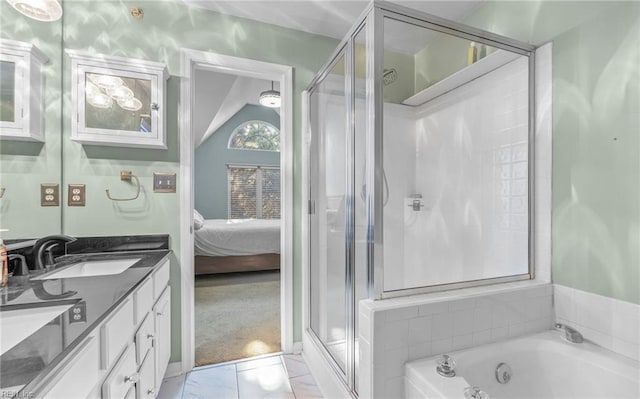 bathroom featuring vanity and plus walk in shower