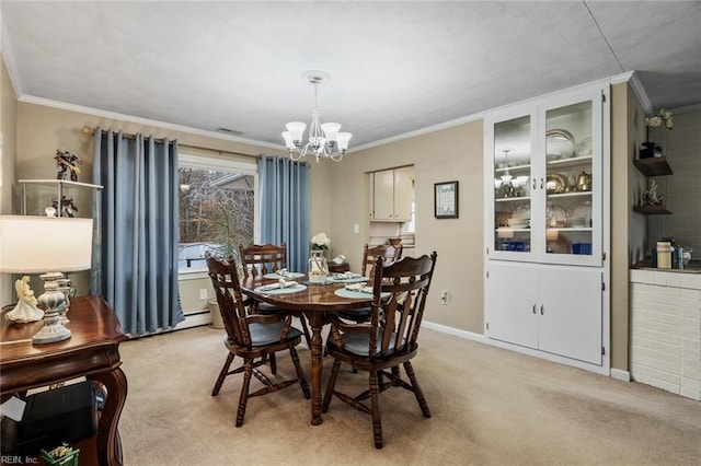 carpeted dining space with ornamental molding and an inviting chandelier