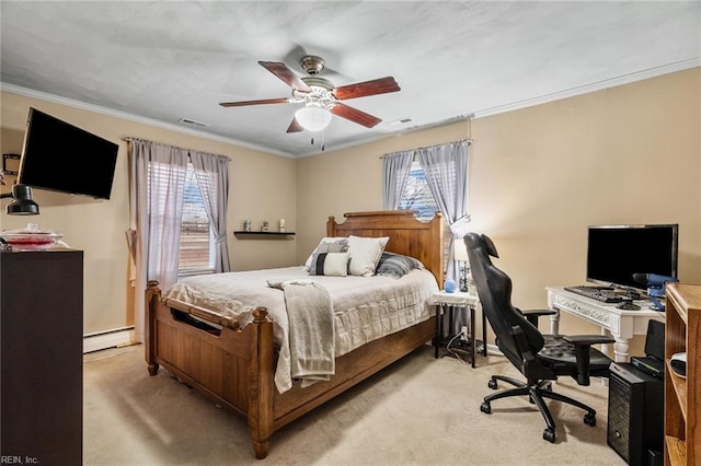 bedroom with multiple windows, a baseboard heating unit, light carpet, ceiling fan, and crown molding