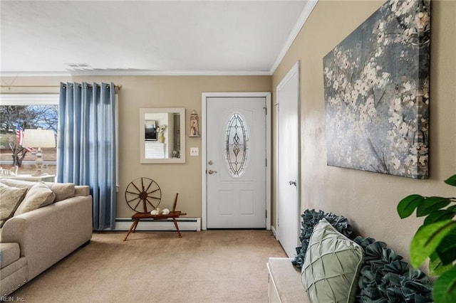 carpeted entryway featuring crown molding and a baseboard radiator