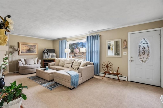 living room featuring light colored carpet, a baseboard heating unit, and crown molding