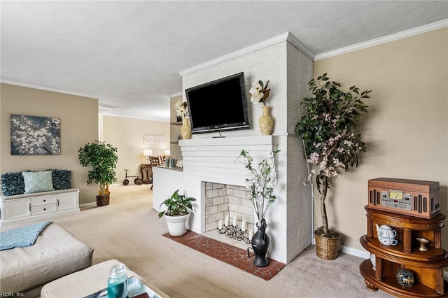 carpeted living room with crown molding and a brick fireplace