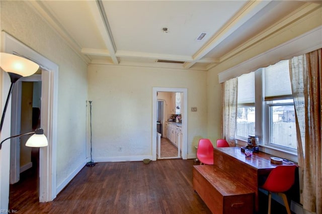 dining area featuring beam ceiling, dark hardwood / wood-style flooring, and coffered ceiling