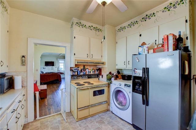 kitchen with tasteful backsplash, washer / dryer, appliances with stainless steel finishes, white cabinets, and ventilation hood