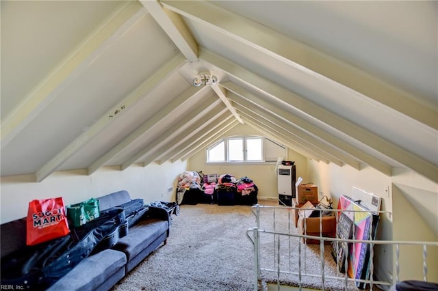 additional living space featuring carpet flooring and vaulted ceiling with beams