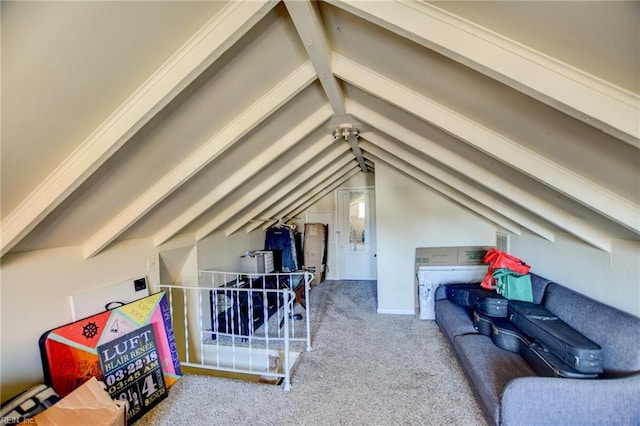 carpeted bedroom with vaulted ceiling