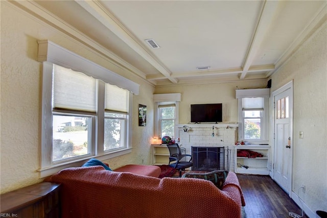 living room with a fireplace, dark hardwood / wood-style floors, beamed ceiling, and coffered ceiling