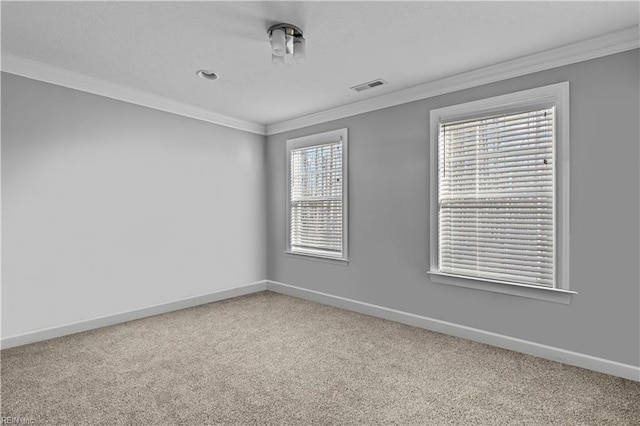 empty room with ornamental molding and carpet flooring