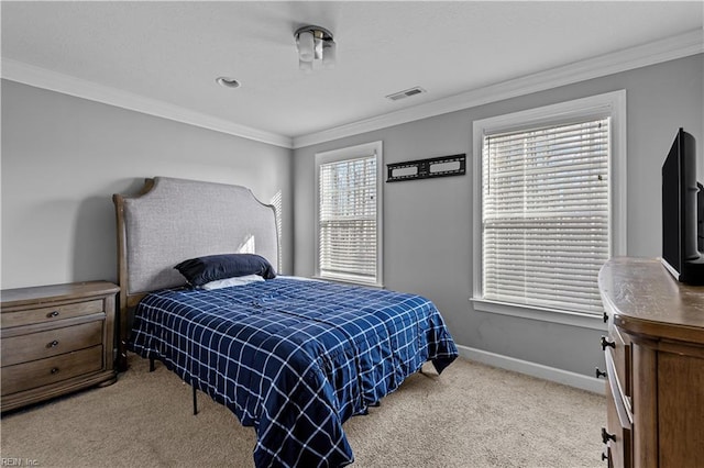 bedroom with crown molding and light carpet