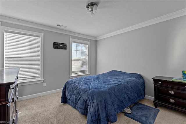 carpeted bedroom featuring ornamental molding