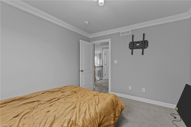 bedroom featuring carpet flooring and ornamental molding