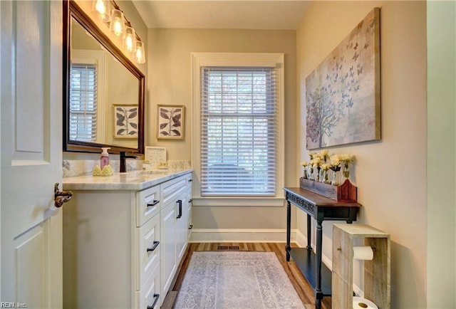 bathroom with hardwood / wood-style flooring and vanity