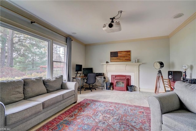 carpeted living room featuring crown molding