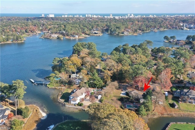 drone / aerial view featuring a water view