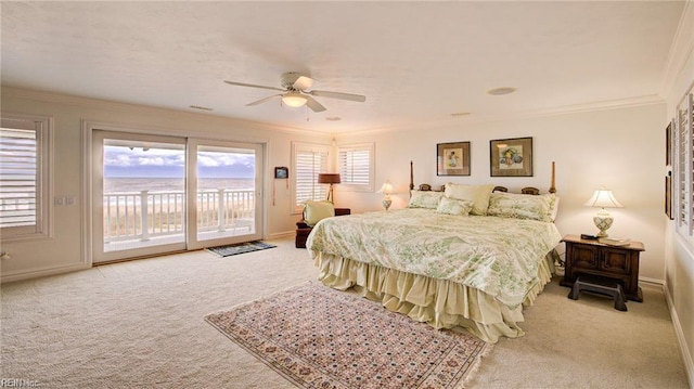 carpeted bedroom with ceiling fan, access to exterior, and ornamental molding