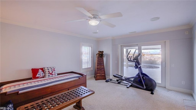 carpeted bedroom with ceiling fan, access to outside, and ornamental molding