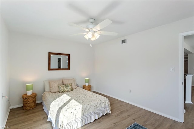 bedroom featuring ceiling fan and light hardwood / wood-style floors