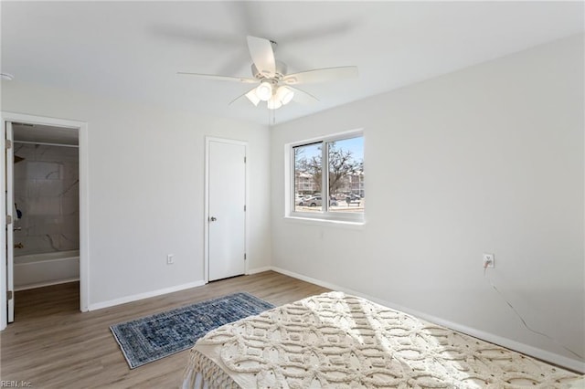 bedroom featuring a walk in closet, light hardwood / wood-style flooring, a closet, and ceiling fan