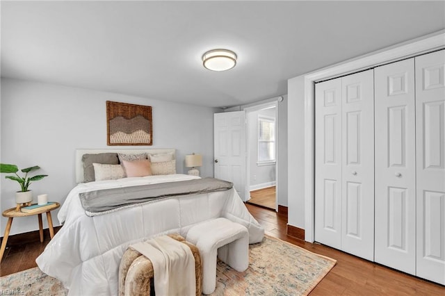 bedroom featuring wood-type flooring and a closet