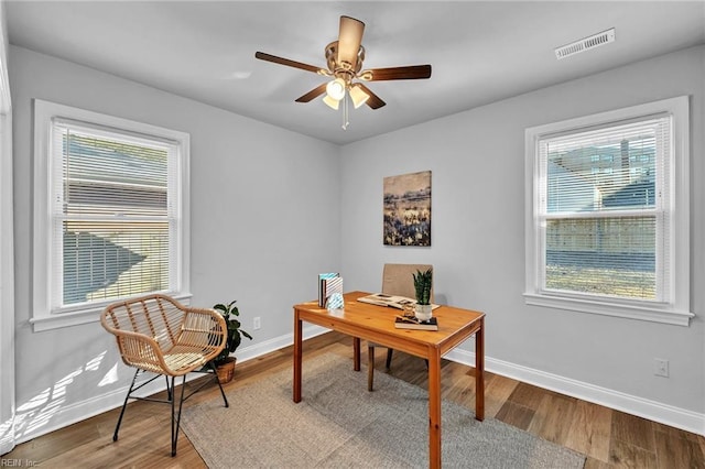 office featuring ceiling fan, a wealth of natural light, and light hardwood / wood-style flooring