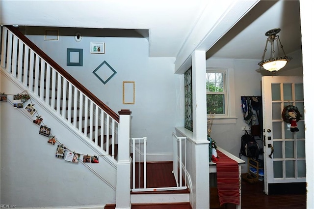 stairway with hardwood / wood-style flooring