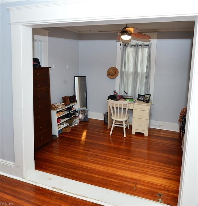 office area with ceiling fan and wood-type flooring