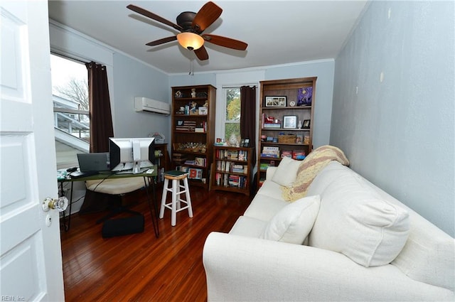 office area featuring ceiling fan, dark hardwood / wood-style flooring, crown molding, and a wall mounted air conditioner