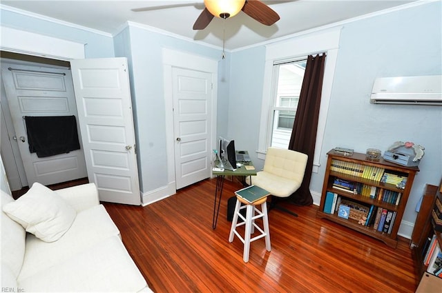 living area featuring ceiling fan, dark wood-type flooring, crown molding, and a wall mounted air conditioner