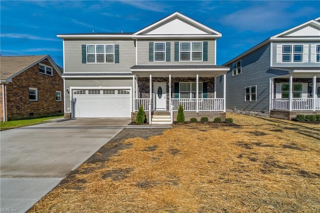 front of property with a front yard, a porch, and a garage