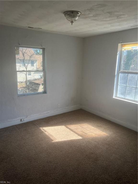 spare room featuring a healthy amount of sunlight, baseboards, and carpet flooring