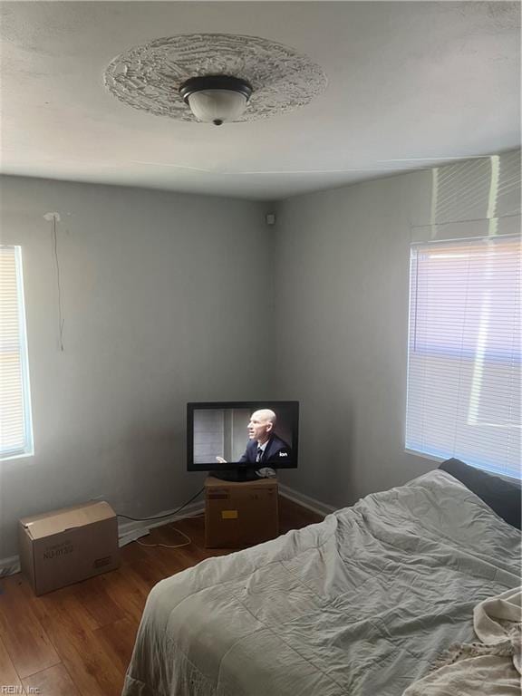 bedroom featuring multiple windows and wood finished floors