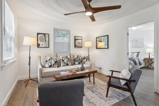 living room with ceiling fan and hardwood / wood-style floors