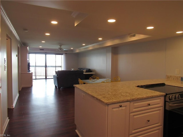 kitchen featuring electric stove, ceiling fan, dark hardwood / wood-style floors, white cabinetry, and light stone counters