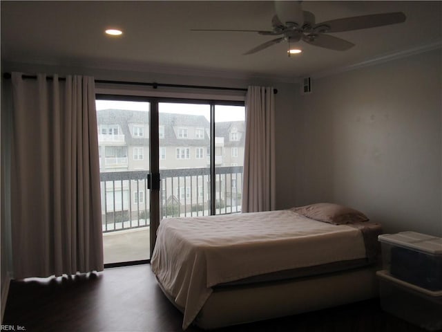 bedroom featuring ceiling fan, access to exterior, ornamental molding, and wood-type flooring