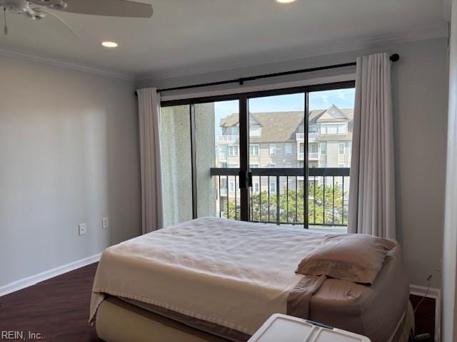 bedroom with ceiling fan, dark wood-type flooring, multiple windows, and crown molding