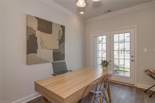 office with crown molding and dark hardwood / wood-style floors