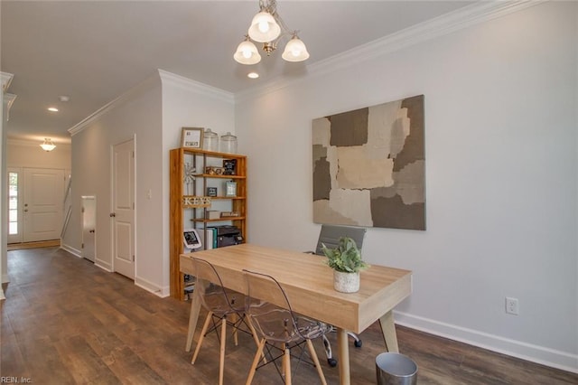 office with dark hardwood / wood-style floors, ornamental molding, and a notable chandelier