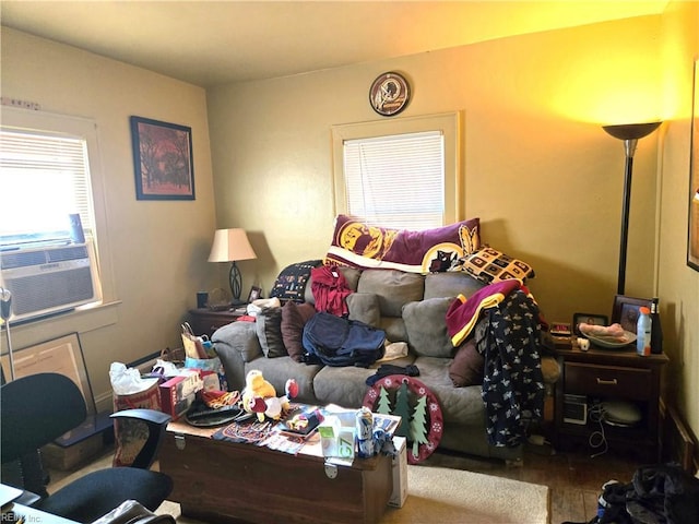 living room with wood-type flooring and cooling unit