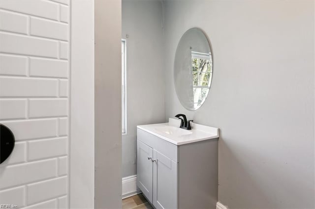 bathroom with wood-type flooring and vanity