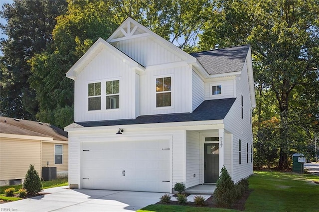 modern inspired farmhouse featuring central AC, a front lawn, and a garage