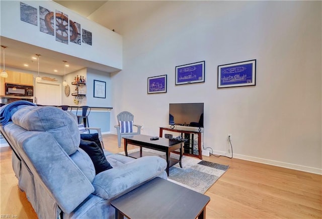 living room with a high ceiling and light hardwood / wood-style floors