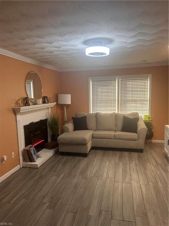 living room with ornamental molding, a fireplace, and wood-type flooring