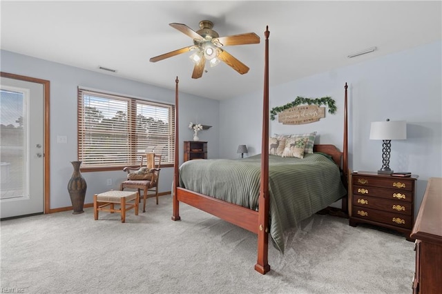 carpeted bedroom with access to outside and ceiling fan