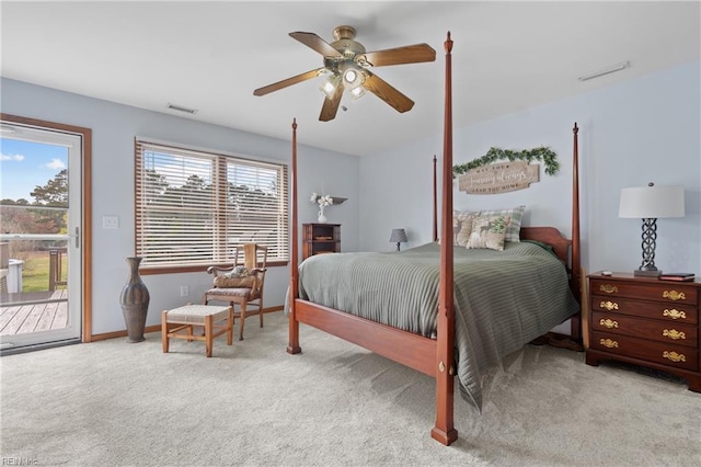 carpeted bedroom featuring access to exterior and ceiling fan