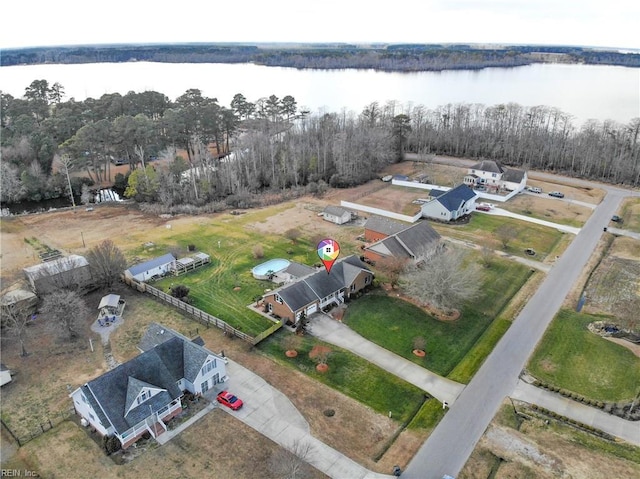 drone / aerial view featuring a water view