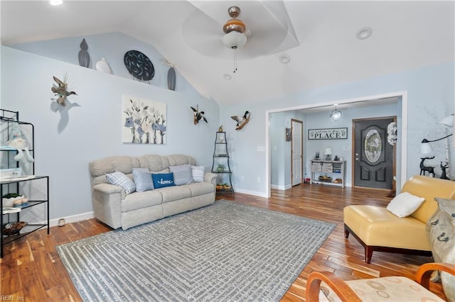 living room with vaulted ceiling, ceiling fan, and hardwood / wood-style floors