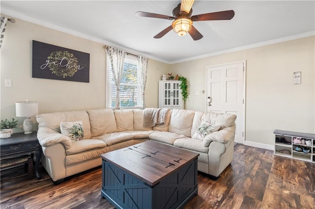 living room with ceiling fan, dark hardwood / wood-style floors, and ornamental molding