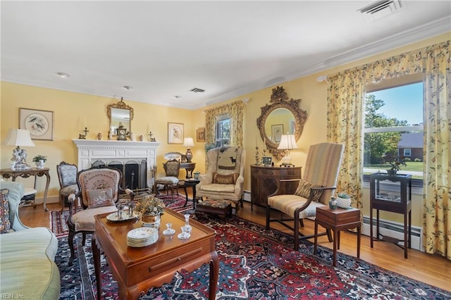 living room featuring a baseboard heating unit, ornamental molding, and hardwood / wood-style flooring