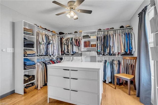 walk in closet with ceiling fan and light wood-type flooring