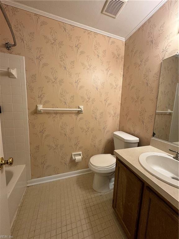 full bathroom featuring toilet, shower / bath combination, crown molding, and vanity